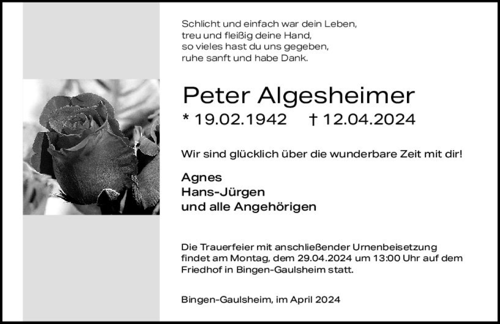  Traueranzeige für Peter Algesheimer vom 20.04.2024 aus Allgemeine Zeitung Bingen/Ingelheim