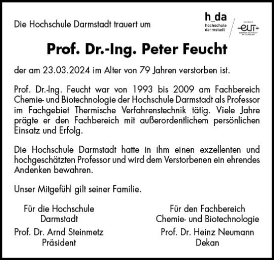 Traueranzeige von Peter Feucht von Darmstädter Echo