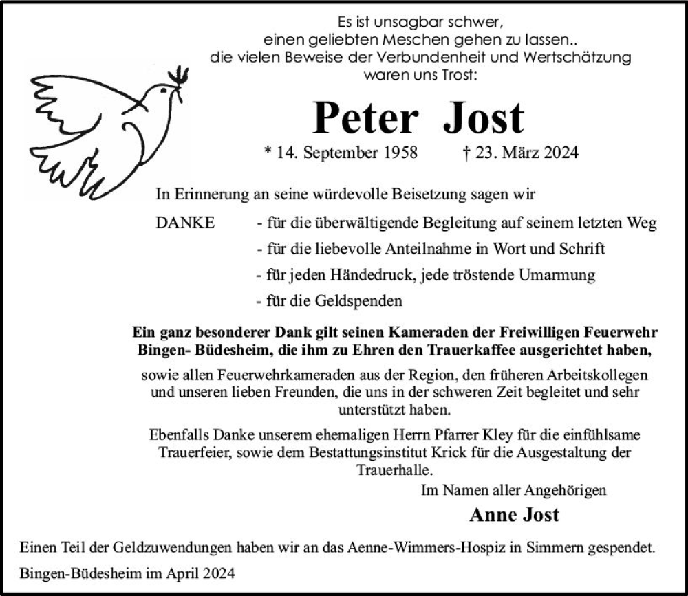  Traueranzeige für Peter Jost vom 27.04.2024 aus Binger-/Ingelheimer Wochenblatt