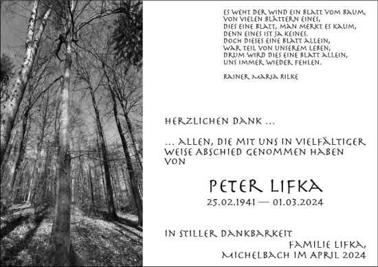 Traueranzeige von Peter Lifka von Wiesbadener Kurier