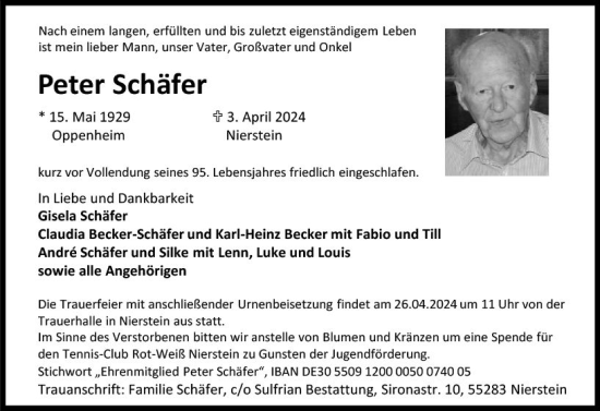 Traueranzeige von Peter Schäfer von Allgemeine Zeitung Mainz