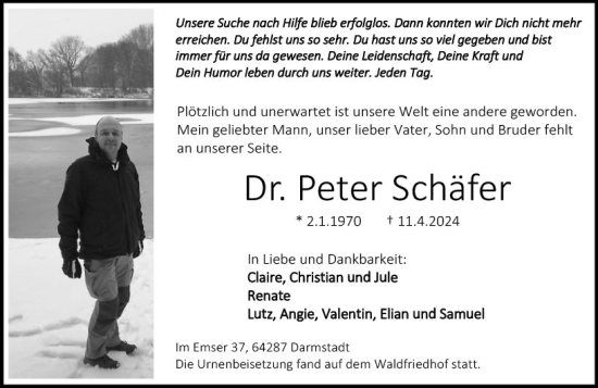 Traueranzeige von Peter Schäfer von Darmstädter Echo