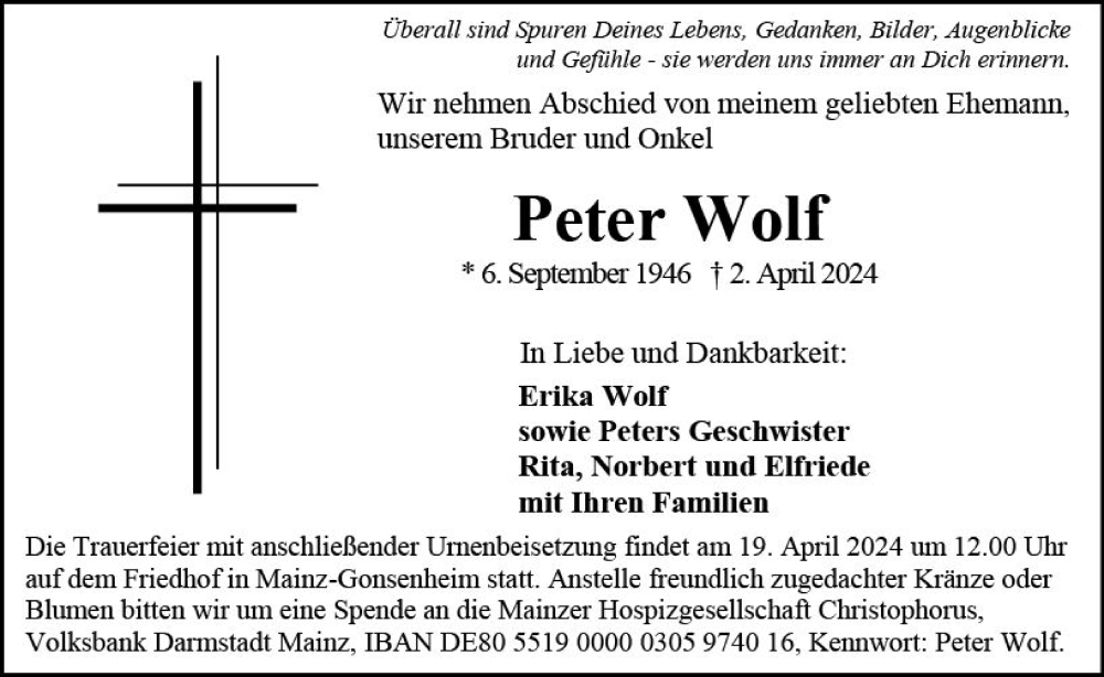  Traueranzeige für Peter Wolf vom 13.04.2024 aus Allgemeine Zeitung Mainz