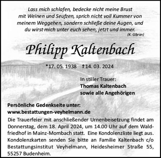 Traueranzeige von Philipp Kaltenbach von Allgemeine Zeitung Mainz