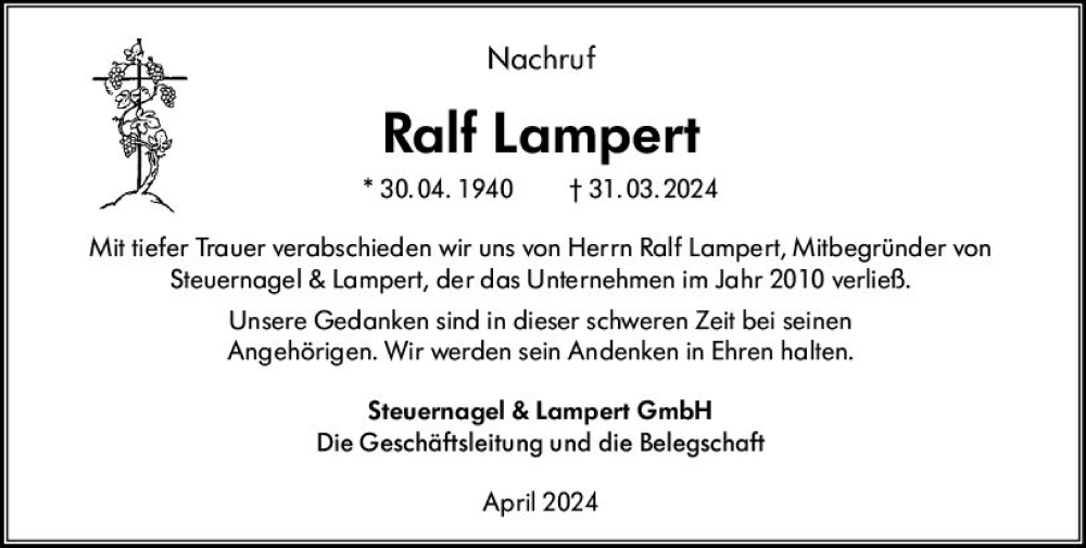  Traueranzeige für Ralf Lampert vom 06.04.2024 aus Darmstädter Echo