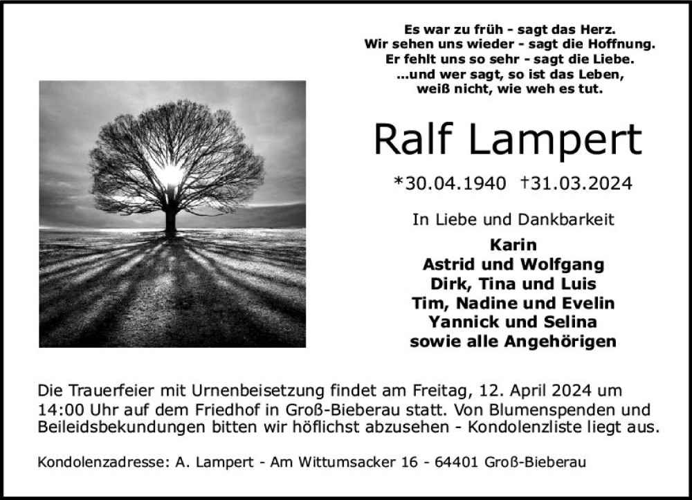  Traueranzeige für Ralf Lampert vom 06.04.2024 aus Darmstädter Echo