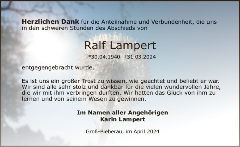  Traueranzeige für Ralf Lampert vom 27.04.2024 aus Darmstädter Echo