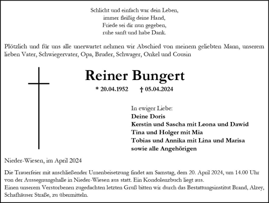 Traueranzeige von Reiner Bungert von Allgemeine Zeitung Alzey
