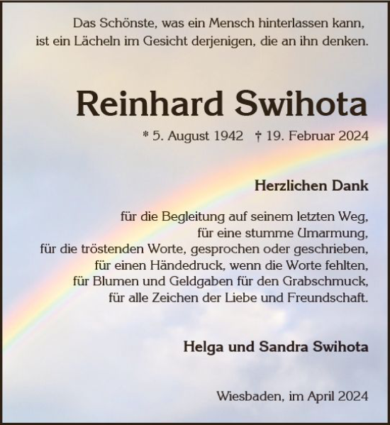 Traueranzeige von Reinhard Swihota von Wiesbadener Kurier