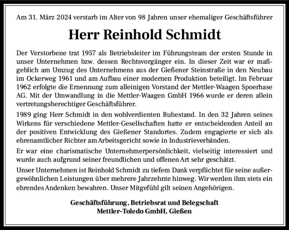  Traueranzeige für Reinhold Schmidt vom 10.04.2024 aus Wetzlarer Neue Zeitung