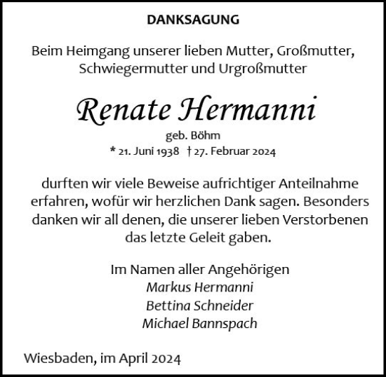 Traueranzeige von Renate Hermanni von Allgemeine Zeitung Mainz