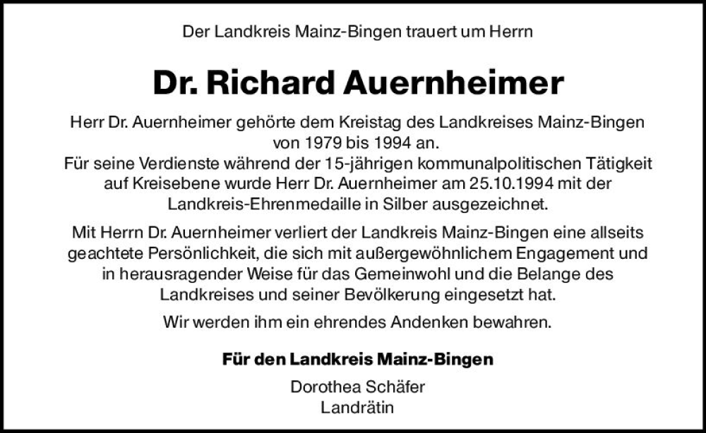  Traueranzeige für Richard Auernheimer vom 13.04.2024 aus Allgemeine Zeitung Bingen/Ingelheim