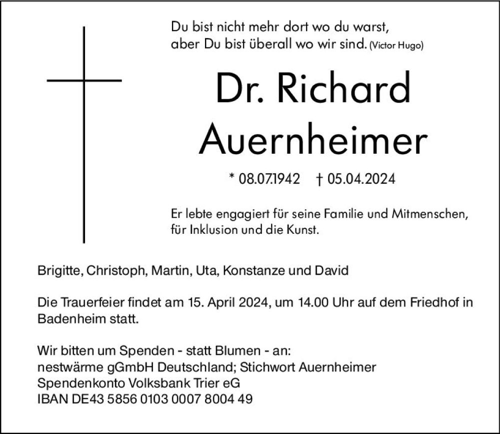  Traueranzeige für Richard Auernheimer vom 13.04.2024 aus Allgemeine Zeitung Bad Kreuznach