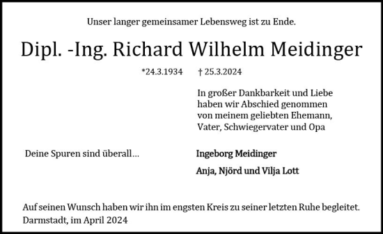 Traueranzeige von Richard Wilhelm Meidinger von Darmstädter Echo