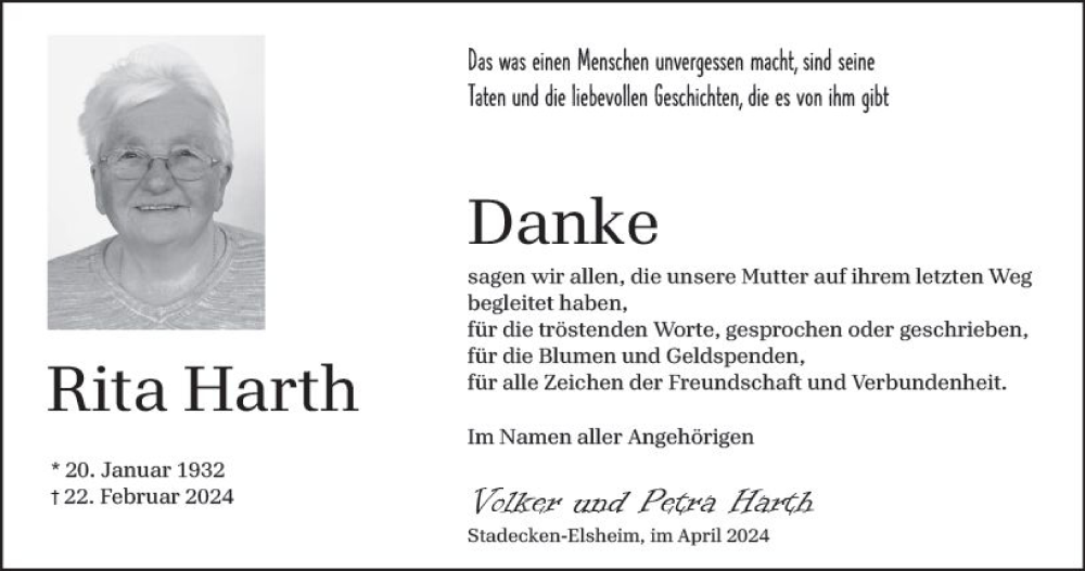  Traueranzeige für Rita Harth vom 06.04.2024 aus Allgemeine Zeitung Mainz