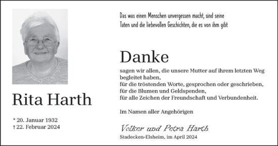 Traueranzeige von Rita Harth von Allgemeine Zeitung Mainz