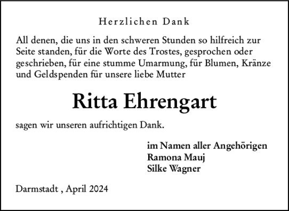  Traueranzeige für Ritta Ehrengart vom 06.04.2024 aus Darmstädter Echo