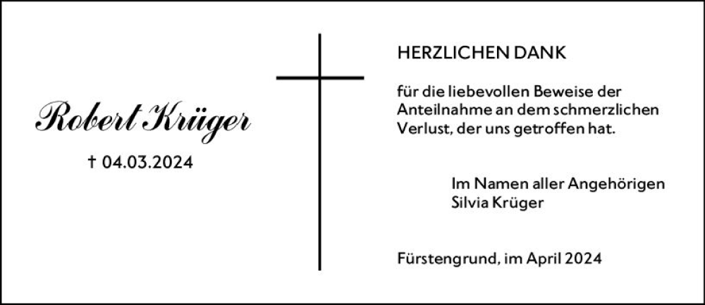  Traueranzeige für Robert Krüger vom 06.04.2024 aus Odenwälder Echo