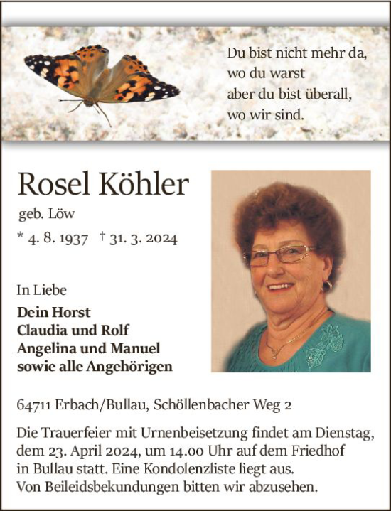 Traueranzeige von Rosel Köhler von Odenwälder Echo