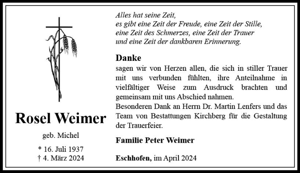  Traueranzeige für Rosel Weimer vom 13.04.2024 aus Nassauische Neue Presse