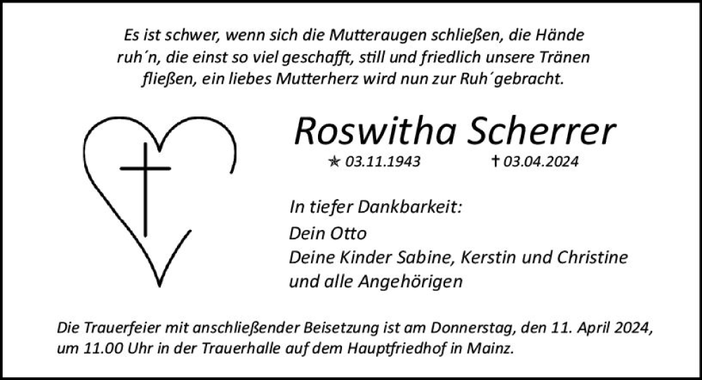  Traueranzeige für Roswitha Scherrer vom 06.04.2024 aus Allgemeine Zeitung Mainz
