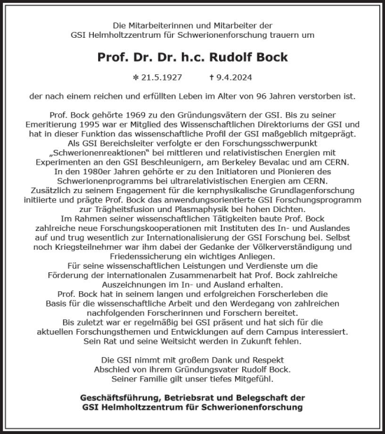 Traueranzeige von Rudolf Bock von Darmstädter Echo