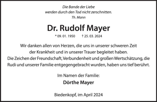 Traueranzeige von Rudolf Mayer von Hinterländer Anzeiger