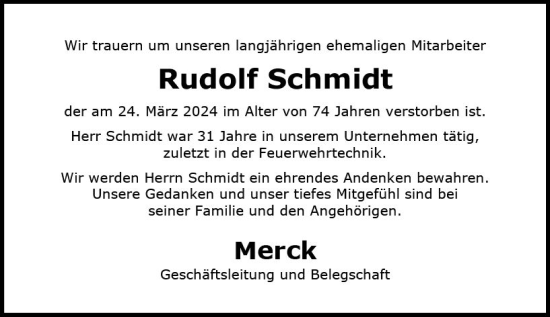 Traueranzeige von Rudolf Schmidt von Darmstädter Echo