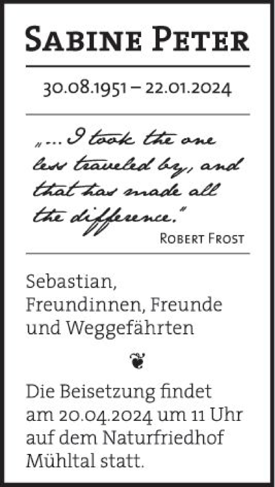 Traueranzeige von Sabine Peter von Darmstädter Echo