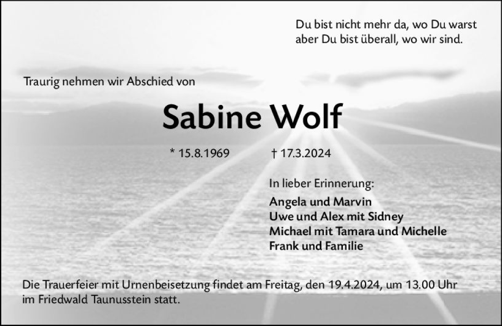  Traueranzeige für Sabine Wolf vom 13.04.2024 aus Groß-Gerauer Echo