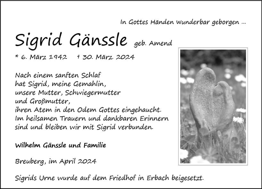  Traueranzeige für Sigrid Gänssle vom 13.04.2024 aus Odenwälder Echo