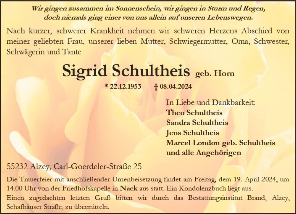  Traueranzeige für Sigrid Schultheis vom 13.04.2024 aus Allgemeine Zeitung Alzey