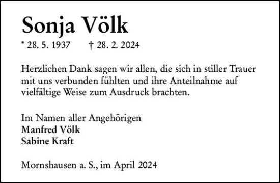 Traueranzeige von Sonja Völk von Hinterländer Anzeiger