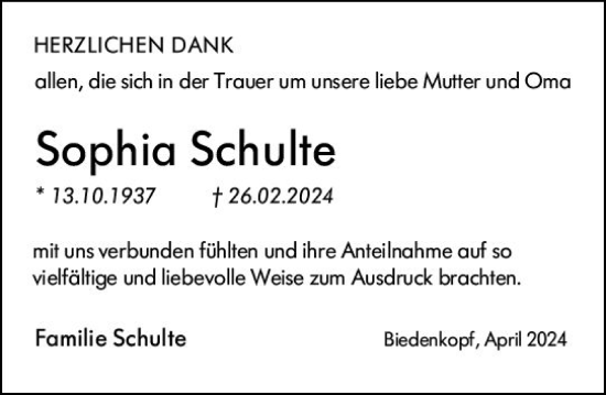 Traueranzeige von Sophia Schulte von Hinterländer Anzeiger