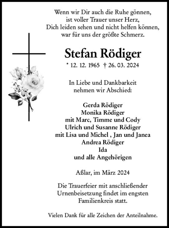 Traueranzeige von Stefan Rödiger von Wetzlarer Neue Zeitung
