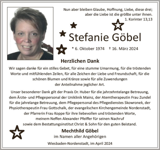 Traueranzeige von Stefanie Göbel von Wiesbadener Kurier