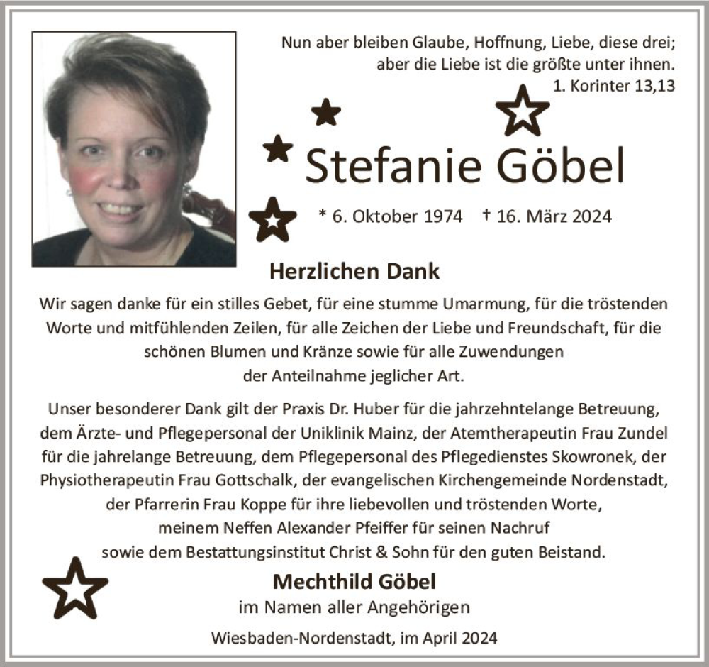  Traueranzeige für Stefanie Göbel vom 13.04.2024 aus Wiesbadener Kurier