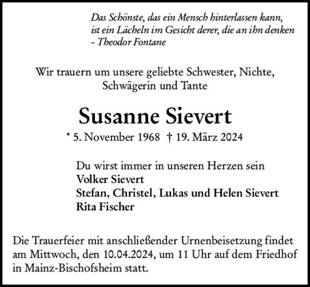  Traueranzeige für Susanne Sievert vom 06.04.2024 aus Rüsselsheimer Echo