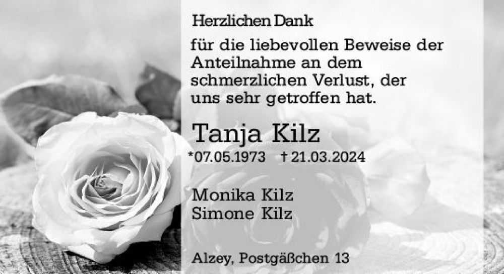  Traueranzeige für Tanja Kilz vom 27.04.2024 aus Alzeyer Wochenblatt