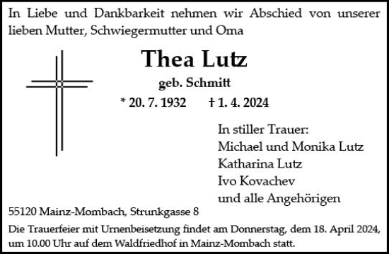 Traueranzeige von Thea Lutz von Allgemeine Zeitung Mainz