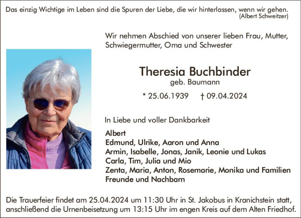  Traueranzeige für Theresia Buchbinder vom 20.04.2024 aus Darmstädter Echo