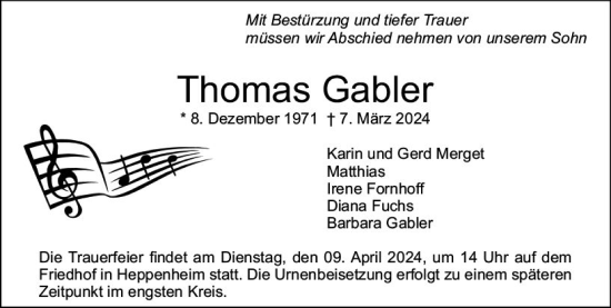 Traueranzeige von Thomas Gabler von Darmstädter Echo
