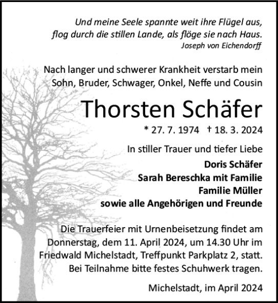 Traueranzeige von Thorsten Schäfer von Odenwälder Echo