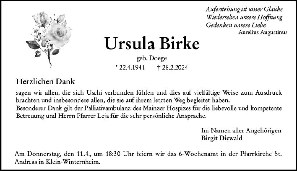  Traueranzeige für Ursula Birke vom 06.04.2024 aus Allgemeine Zeitung Mainz