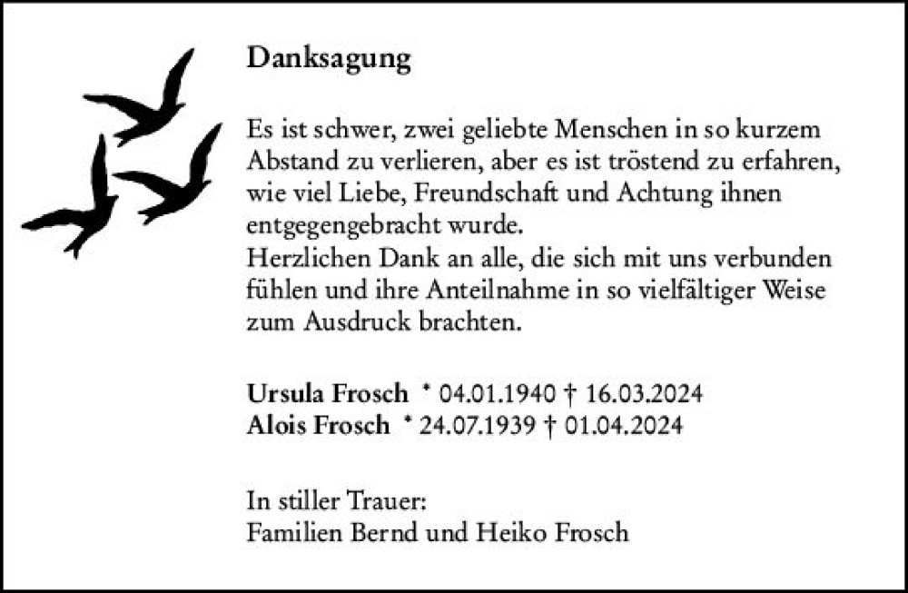  Traueranzeige für Ursula Frosch vom 27.04.2024 aus Allgemeine Zeitung Bingen/Ingelheim
