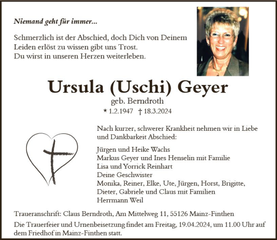 Traueranzeige von Ursula Geyer von Allgemeine Zeitung Mainz