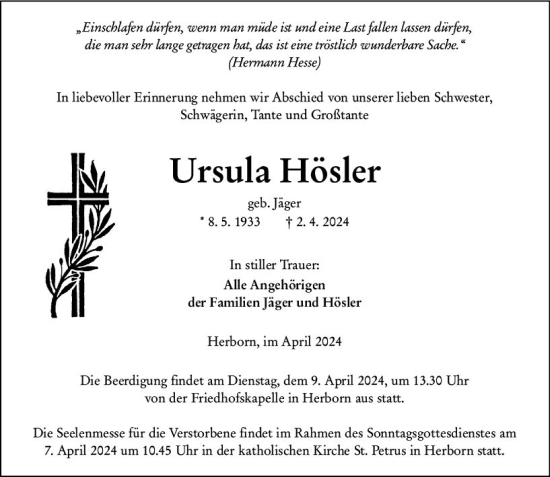 Traueranzeige von Ursula Hösler von Dill Block