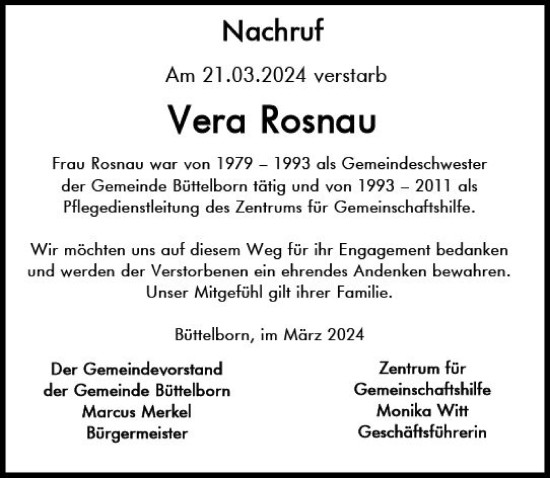 Traueranzeige von Vera Rosnau von Groß-Gerauer Echo