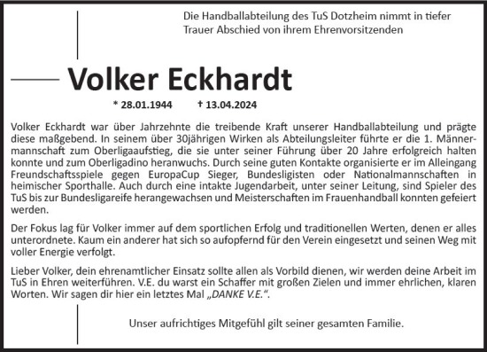 Traueranzeige von Volker Eckhardt von Wiesbadener Kurier