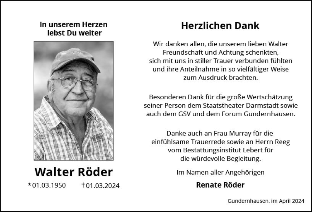  Traueranzeige für Walter Röder vom 30.04.2024 aus Darmstädter Echo